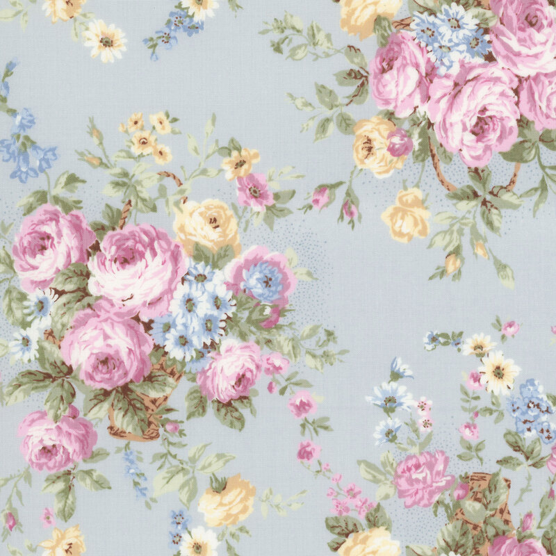 Pale blue with bunches of florals and yellow and pink roses.