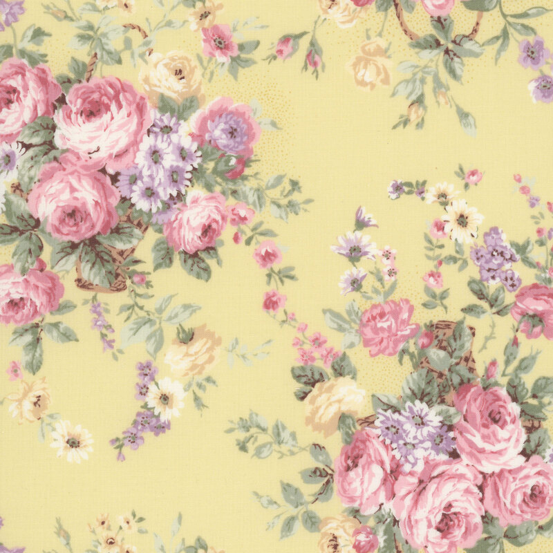 Pale yellow fabric with bunches of florals and yellow and pink roses.
