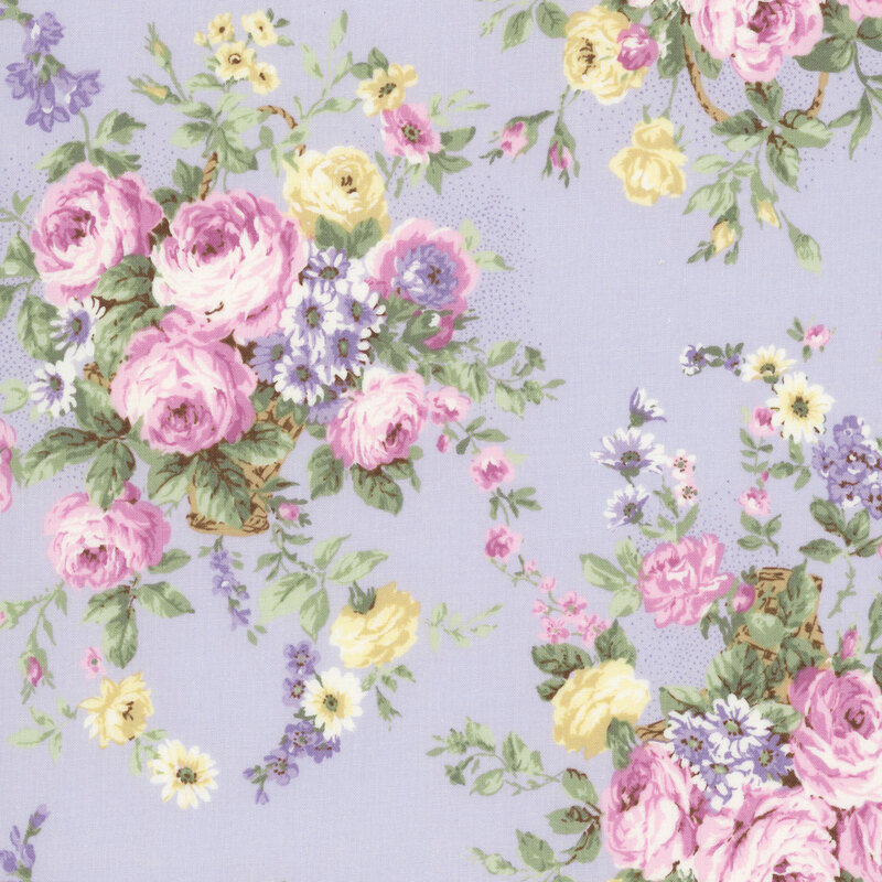 Pale purple fabric with bunches of florals and yellow and pink roses.