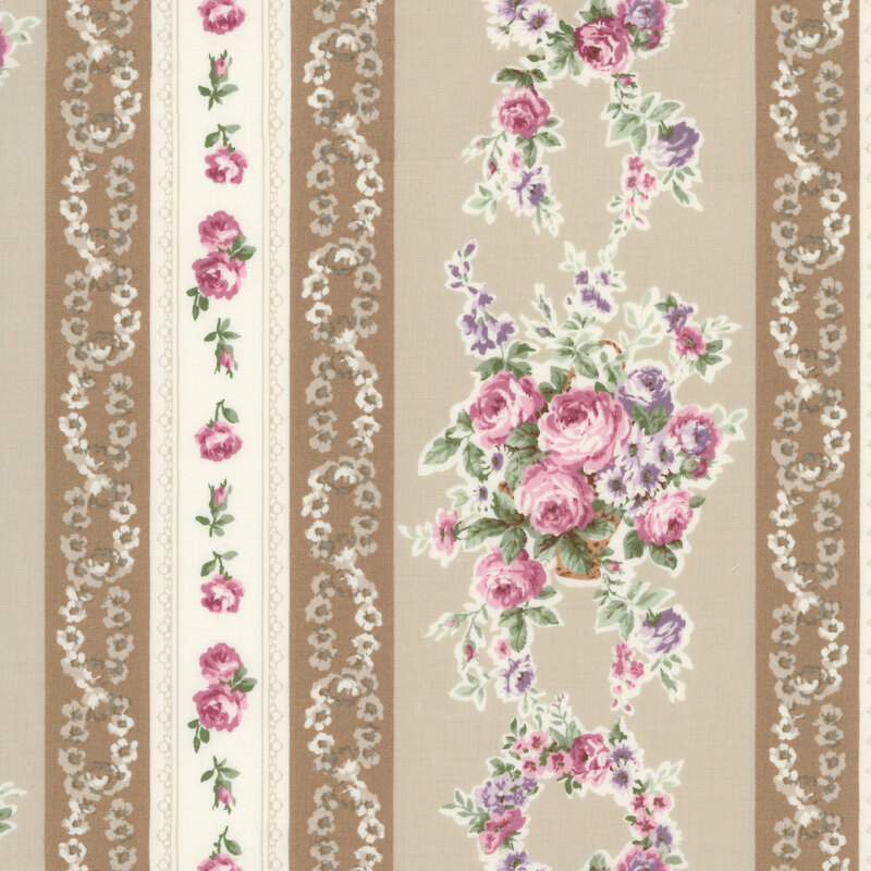 Striped fabric with light brown and cream stripes layered with pink roses, rosebuds, and floral bouquets.