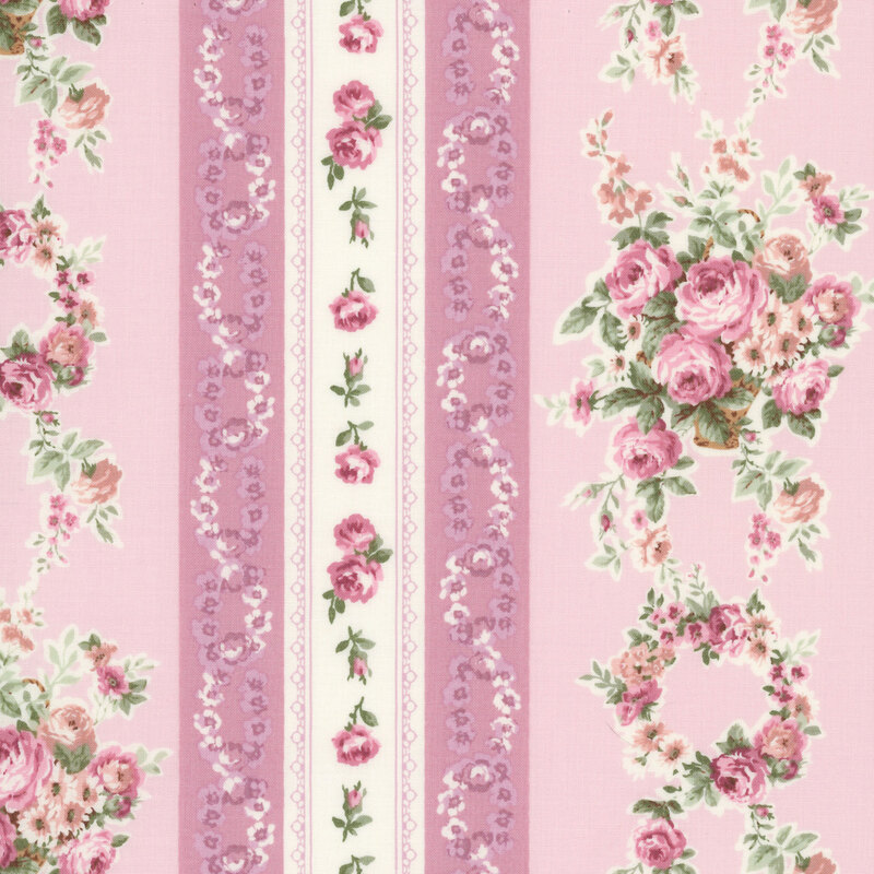 Striped fabric with light mauve and cream stripes layered with pink roses, rosebuds, and floral bouquets.