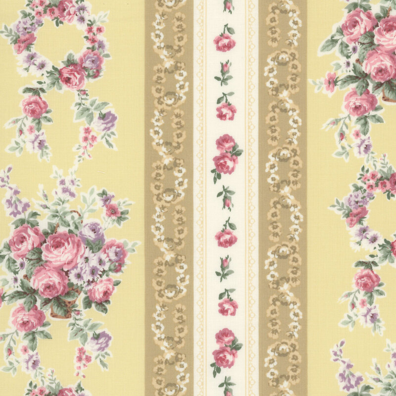 Striped fabric with soft yellow and cream stripes layered with pink roses, rosebuds, and floral bouquets.