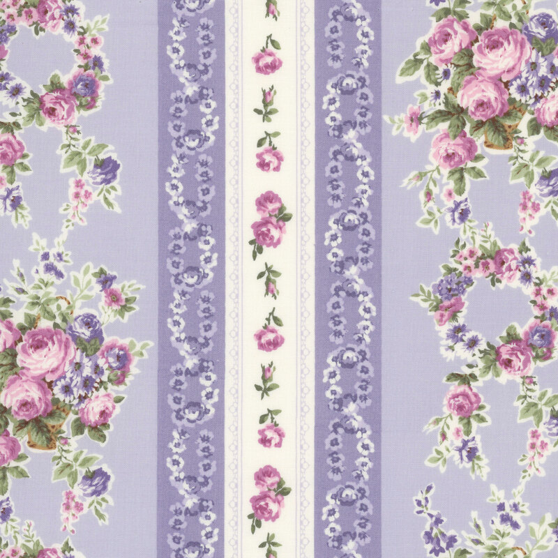 Striped fabric with lavender and cream stripes layered with pink roses, rosebuds, and floral bouquets.