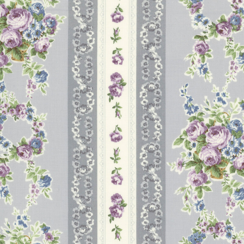 Striped fabric with blue-gray and cream stripes layered with heather purple roses, rosebuds, and floral bouquets.