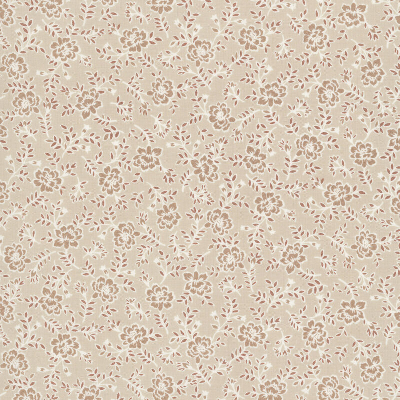 Tan fabric with tossed design of mid-size tonal roses and rose sprigs.