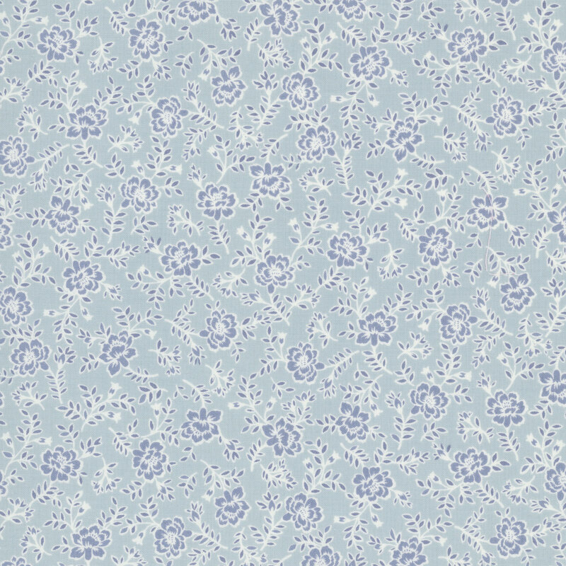Ice blue fabric with tossed design of mid-size tonal roses and rose sprigs.