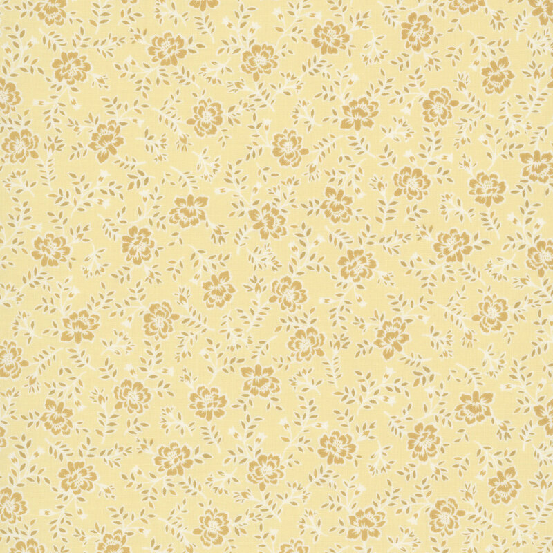 Soft yellow fabric with tossed design of mid-size tonal roses and rose sprigs.