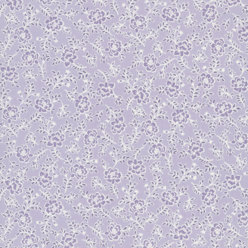 Lavender fabric with tossed design of mid-size tonal roses and rose sprigs.