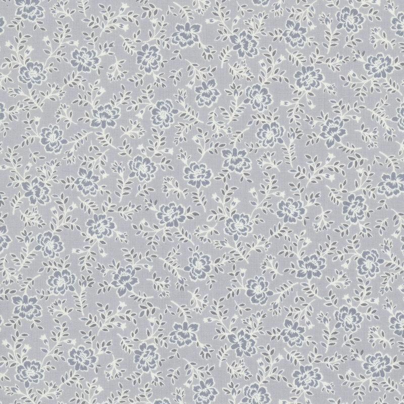Blue-gray fabric with tossed design of mid-size tonal roses and rose sprigs.