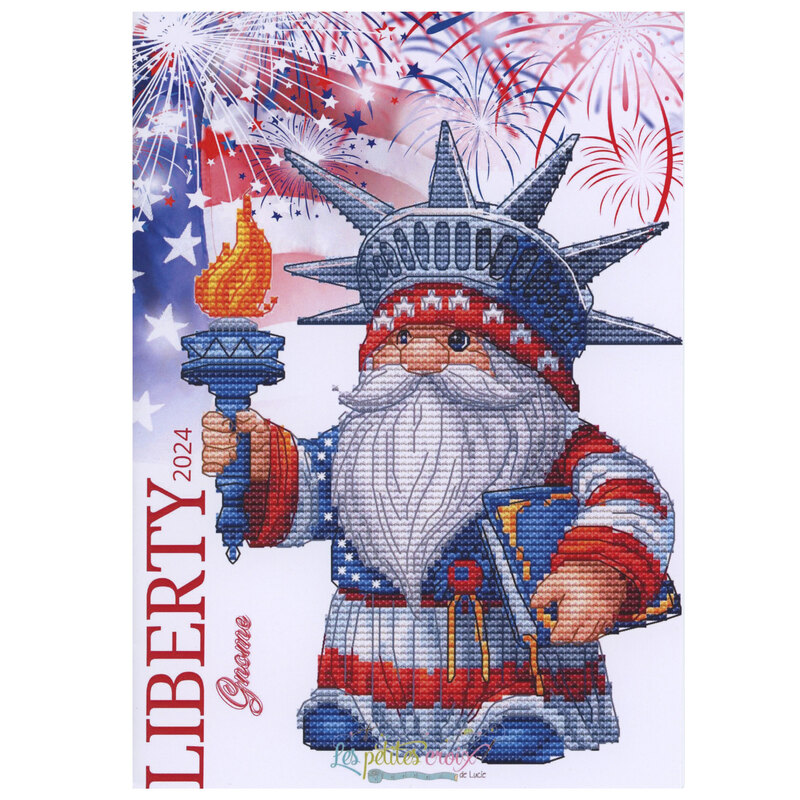 Front cover of pattern showing a digital rendering of the project, statue of liberty gnome.