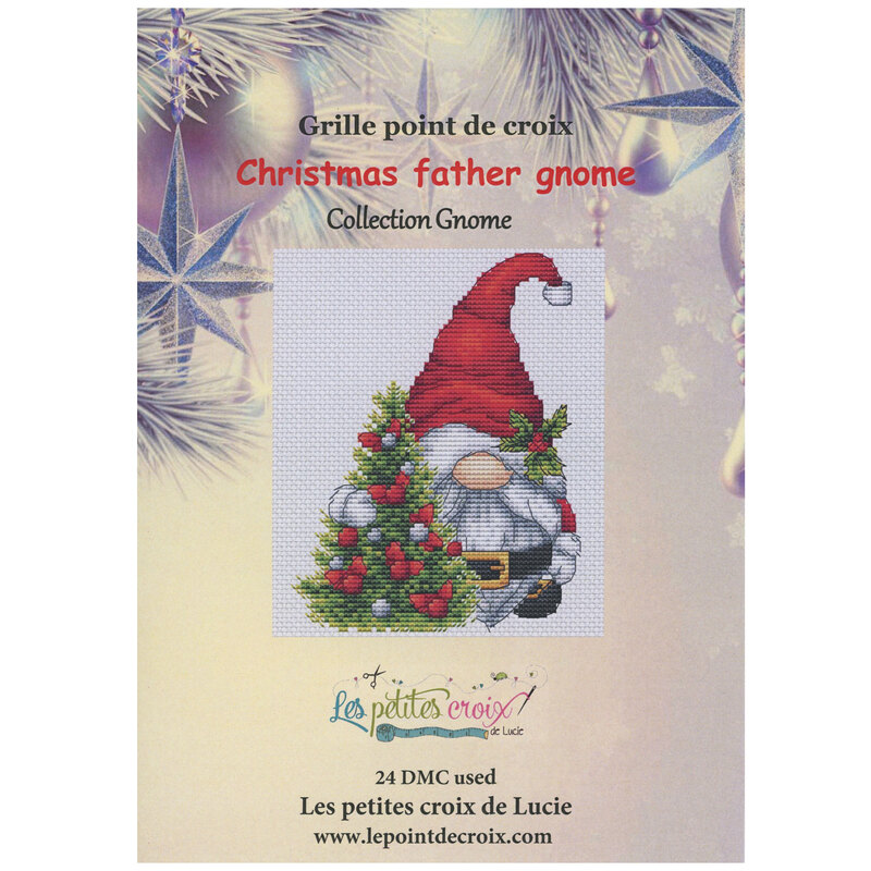 Front cover of pattern showing a digital rendering of the project, a Santa gnome with a christmas tree.