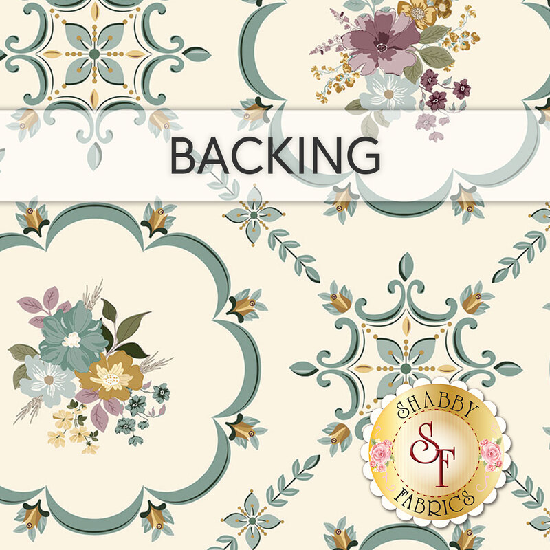 A swatch of cream fabric with dusty teal designs and plum purple flowers. A banner reads "Backing". and a golden shabby fabrics logo rests in the bottom right corner. 