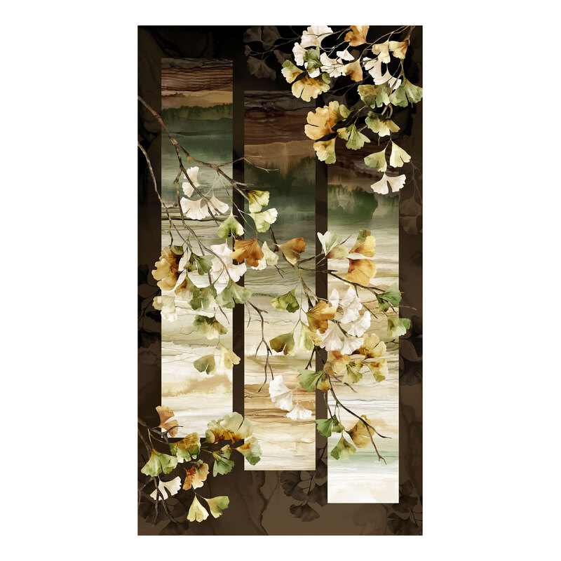 Mink multi color panel featuring three vertical offset blocks of ombre horizontal stripes on top of a mottled brown background overlayed with branches and leaves.