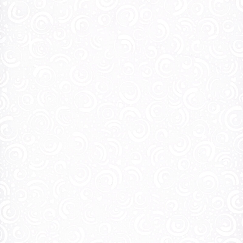 White-on-white batik with a swirling and spiraling pattern.