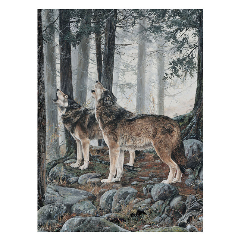Large panel of two wolves in a forest howling into the night sky.
