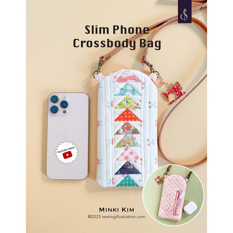 The front of the Slim Phone Crossbody Bag pattern, featuring images of the finished bag on a yellow table, staged with a phone to show scale.