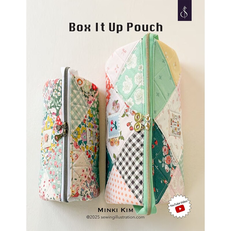 The front of the Box It Up Pouch pattern, featuring a top down shot of the two sizes of pouches.