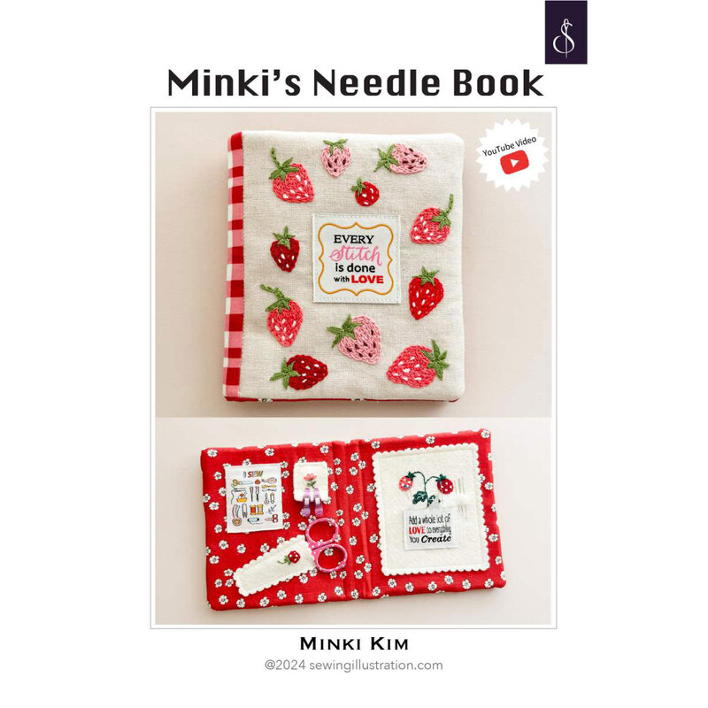 Front cover of the pattern showing the completed project in a red and pink strawberry theme, showing both the open and closed versions.