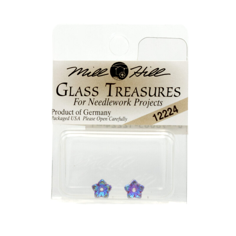 Packaging holding star-shaped flowers, packaged for needlework projects, with a colorful iridescent finish.