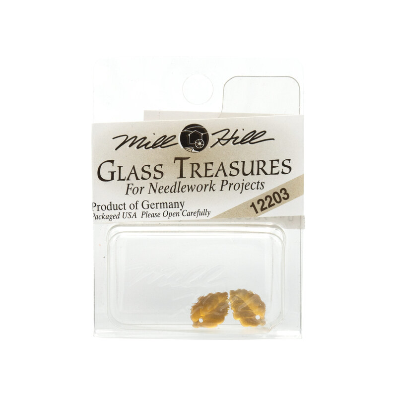 Pack of two yellow leaf embellishments for needlework, labeled Glass Treasures by Mill Hill.