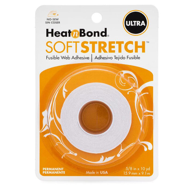 The Heat n Bond Soft Stretch Ultra adhesive tape, featuring a white roll of tape in its yellow orange packaging.