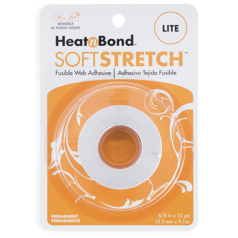 The Heat n Bond Soft Stretch Lite adhesive tape, featuring a white roll of tape in its yellow orange packaging.