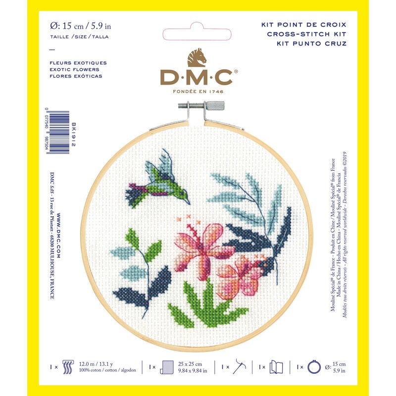 The Exotic Flowers Cross Stitch kit in its packaging. 