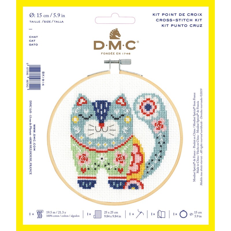The Cat Cross Stitch kit in its packaging. 