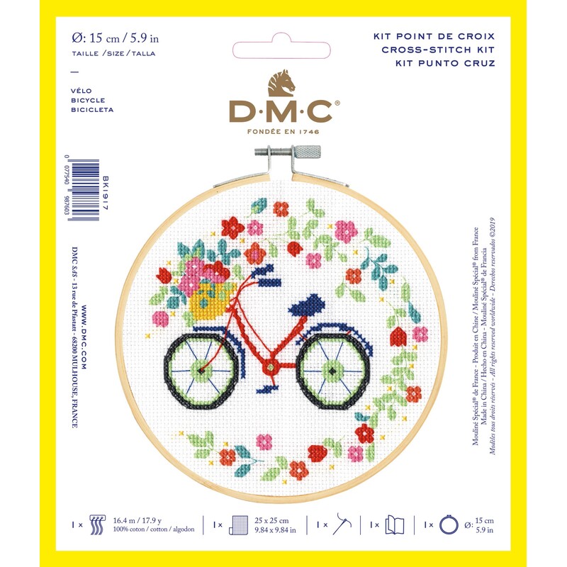The Bicycle Cross Stitch kit in its packaging. 