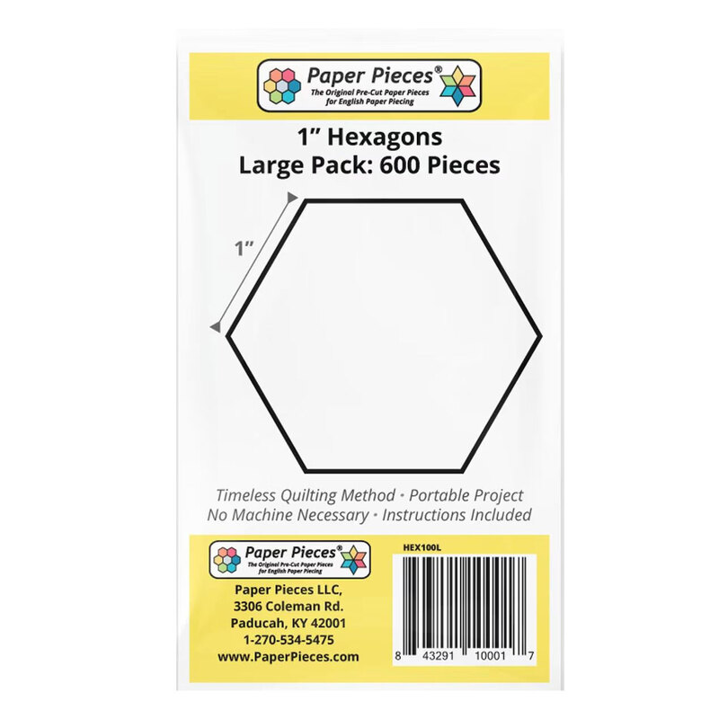 Black outline of a 1-inch hexagon on a white background with product details and barcode.