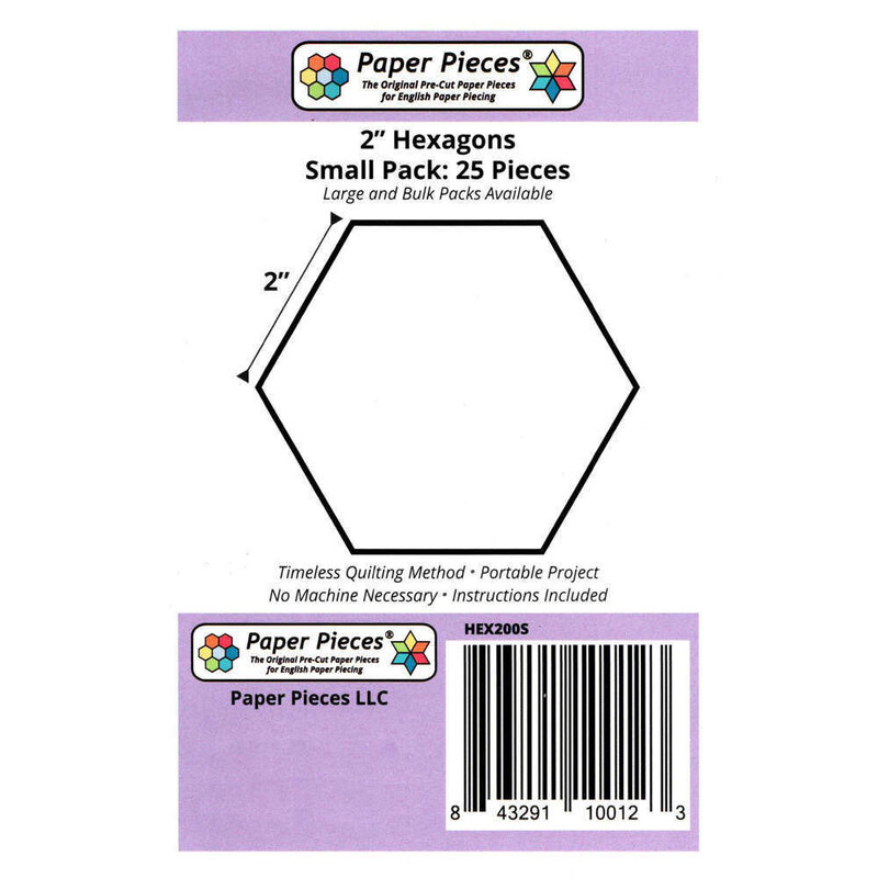 Black outline of a 2-inch hexagon on a white background with product details and barcode.