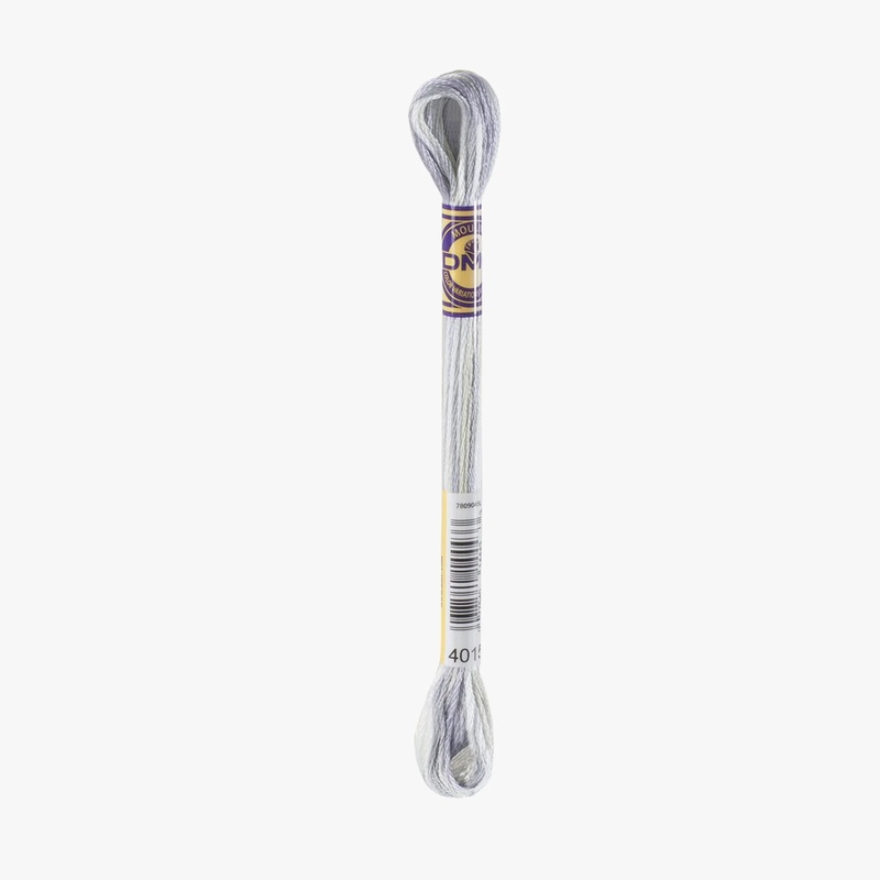 Skein of light gray embroidery floss with a label showcasing a brand name and color code.