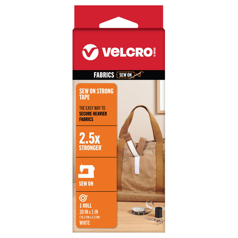 Packaging for Velcro sew-on strong tape, showing product features and dimensions for fabric use.