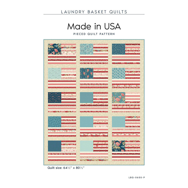Quilt pattern featuring a grid of red, white, and blue American flag blocks with floral and solid designs.