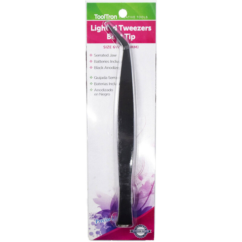 A pack of black, slanted tweezers with a fine tip, labeled Tool Tron Lighted Tweezers.