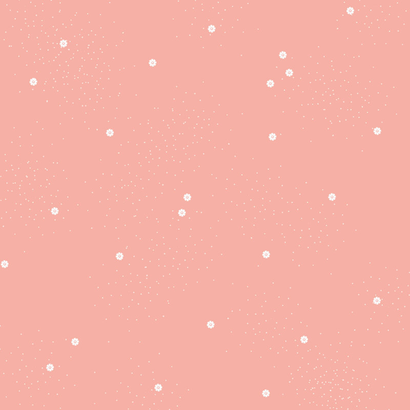 Salmon pink fabric with small scattered white daisies and pin dots.