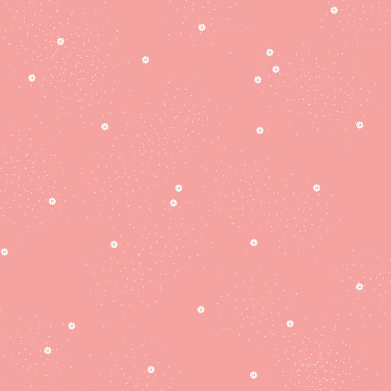 Soft pink fabric scattered with white dots and daisies.