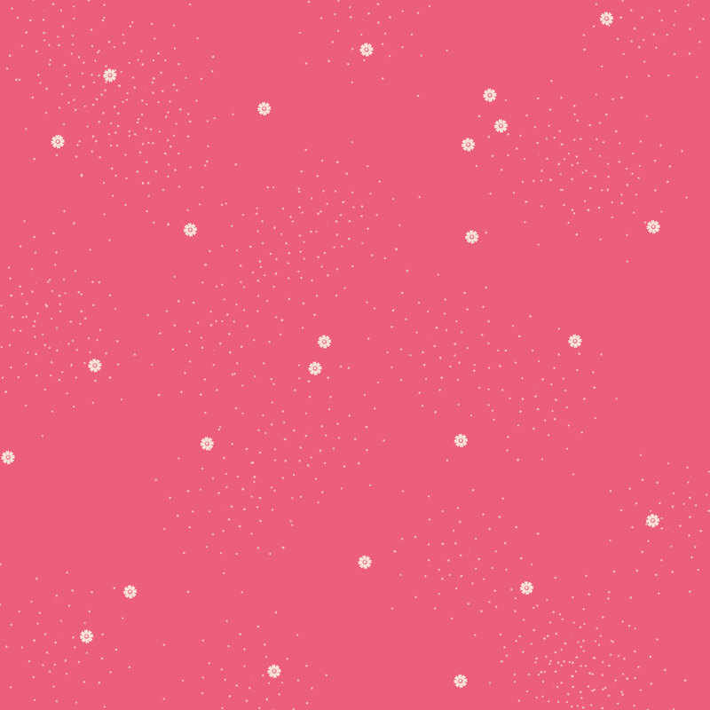 Hot pink fabric with small scattered white daisies and pin dots.