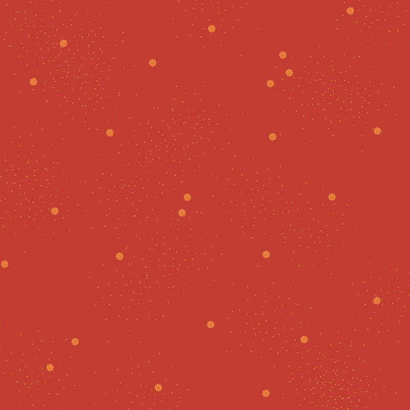 Rusty orange fabric with small scattered orange daisies and pin dots.