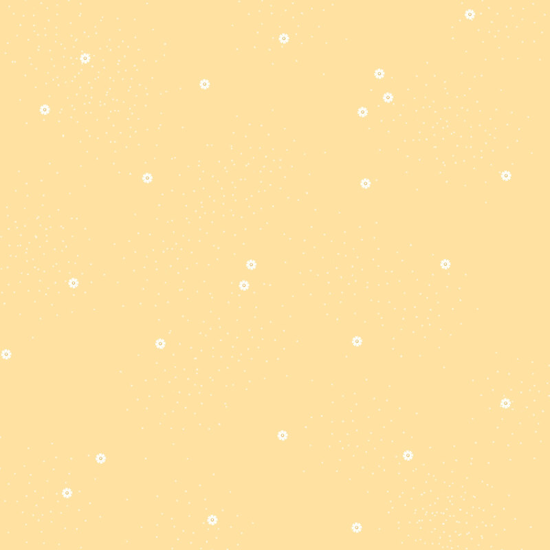 Soft yellow fabric scattered with white dots and daisies.
