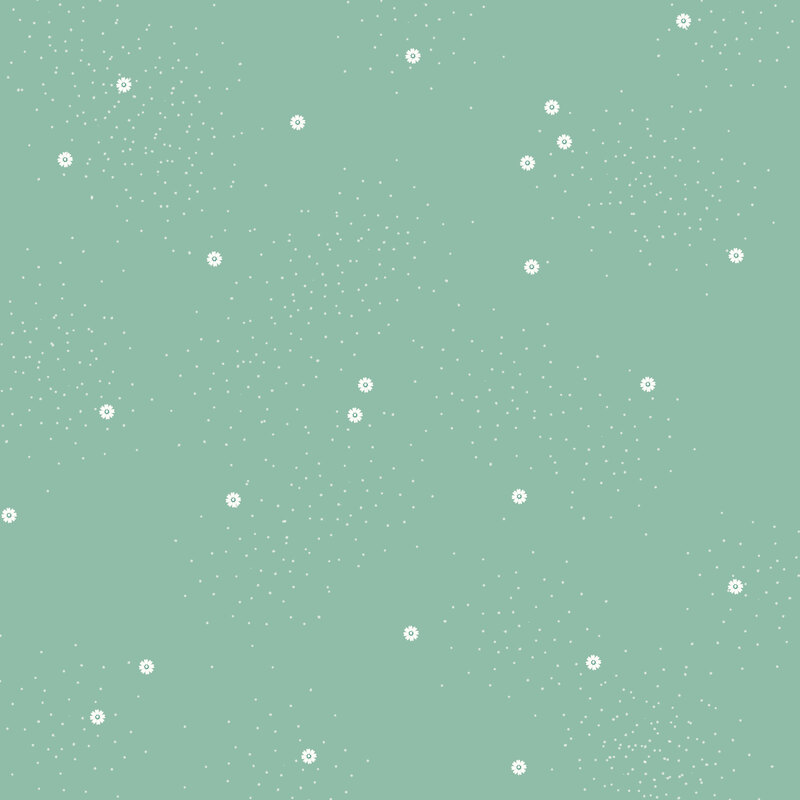 Misty green fabric with small scattered white daisies and pin dots.