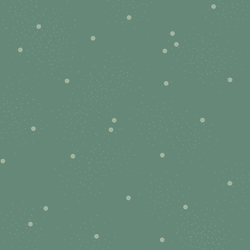 Xanadu green fabric with small scattered sage daisies and pin dots.