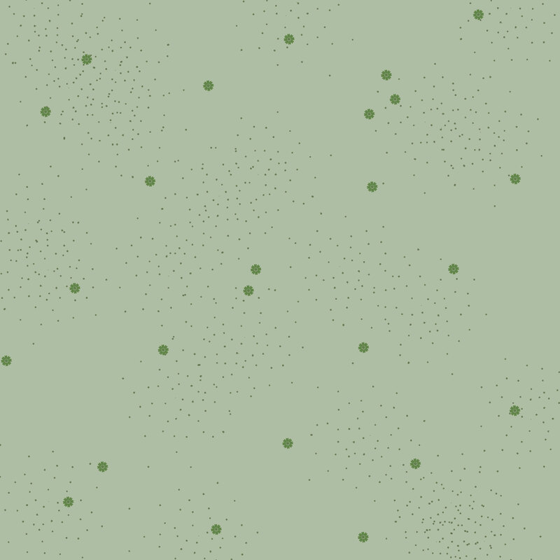 Sage fabric with small scattered dark green daisies and pin dots.