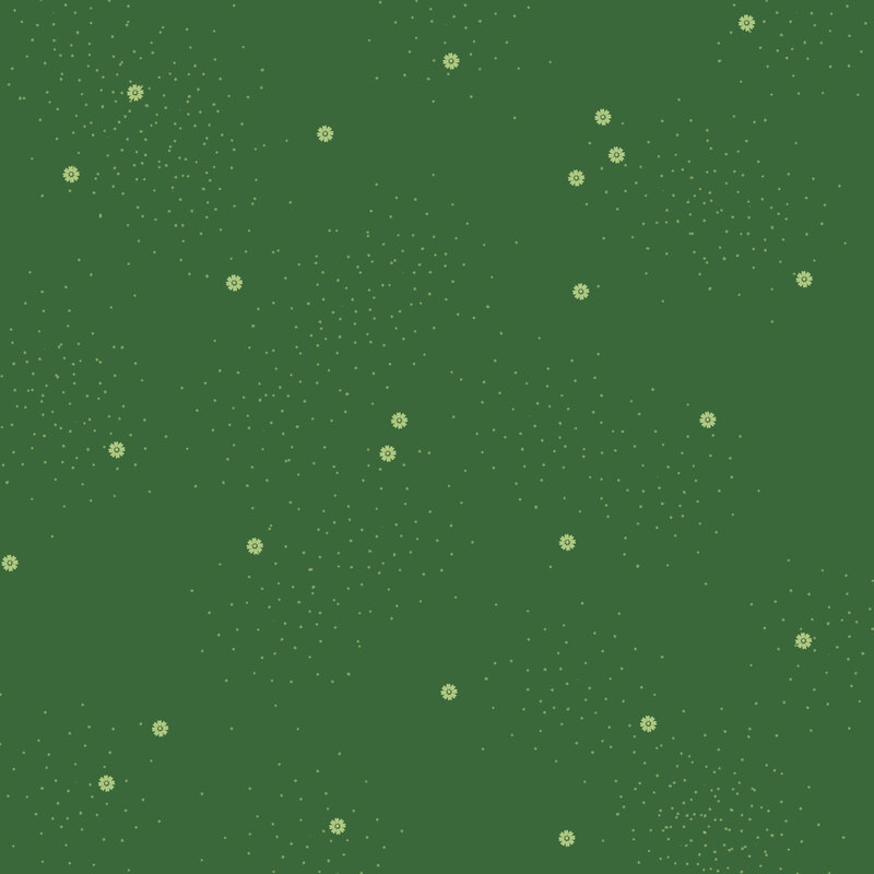 Forest green fabric with small scattered light green daisies and pin dots.