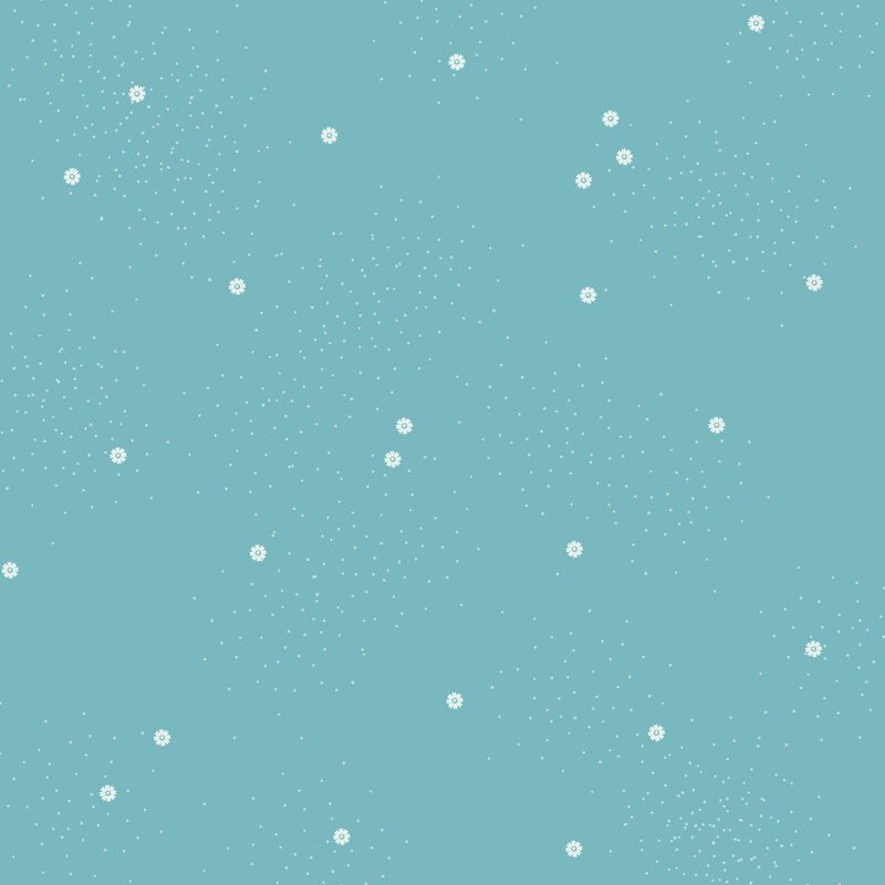 Teal fabric with small scattered cream daisies and pin dots.