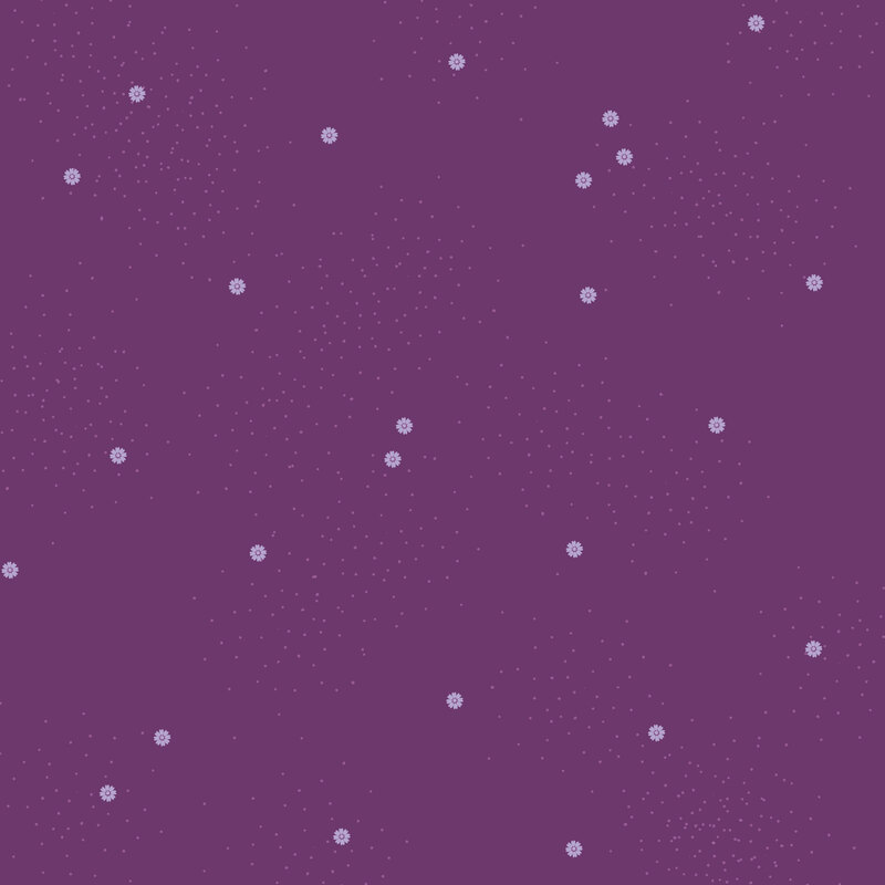 Eggplant colored fabric with small scattered soft purple daisies and pin dots.