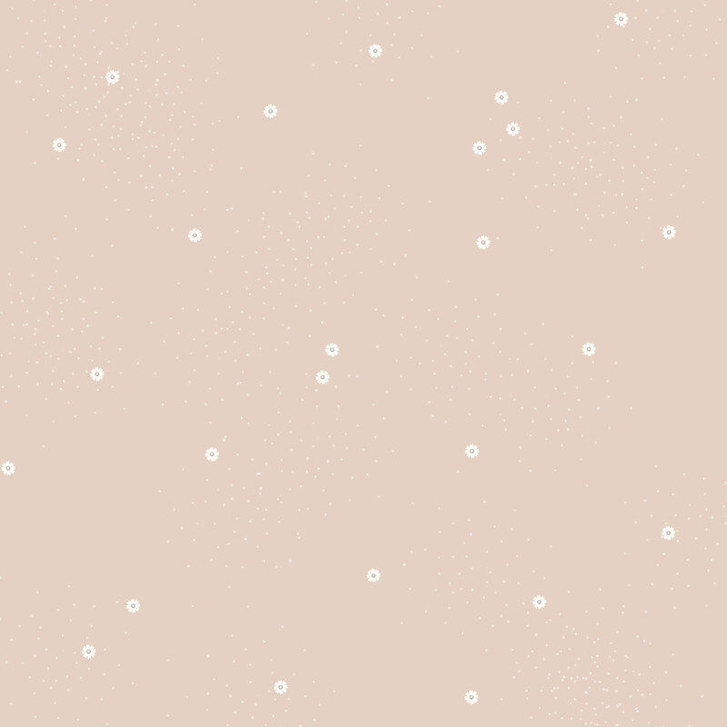Beige fabric with small scattered white daisies and pin dots.