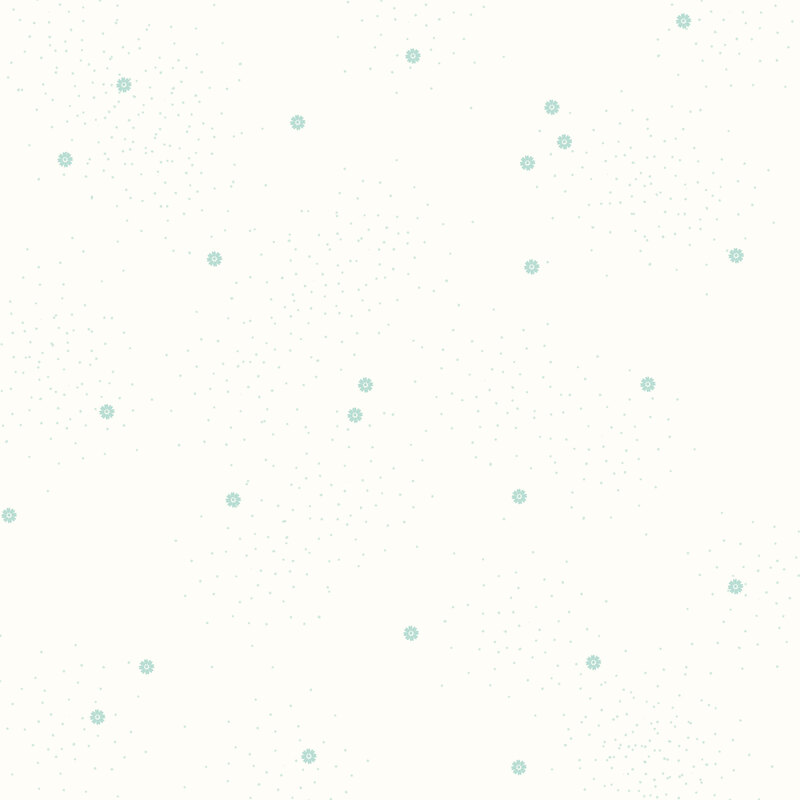 Cream fabric scattered with soft aqua dots and daisies.
