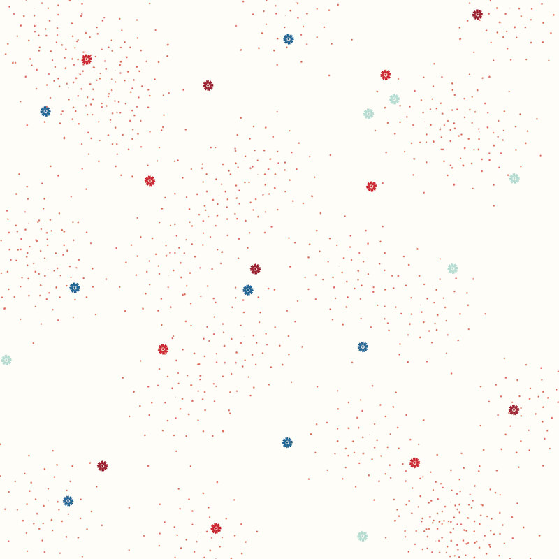 Cream fabric with red and blue daisies and pin dots.