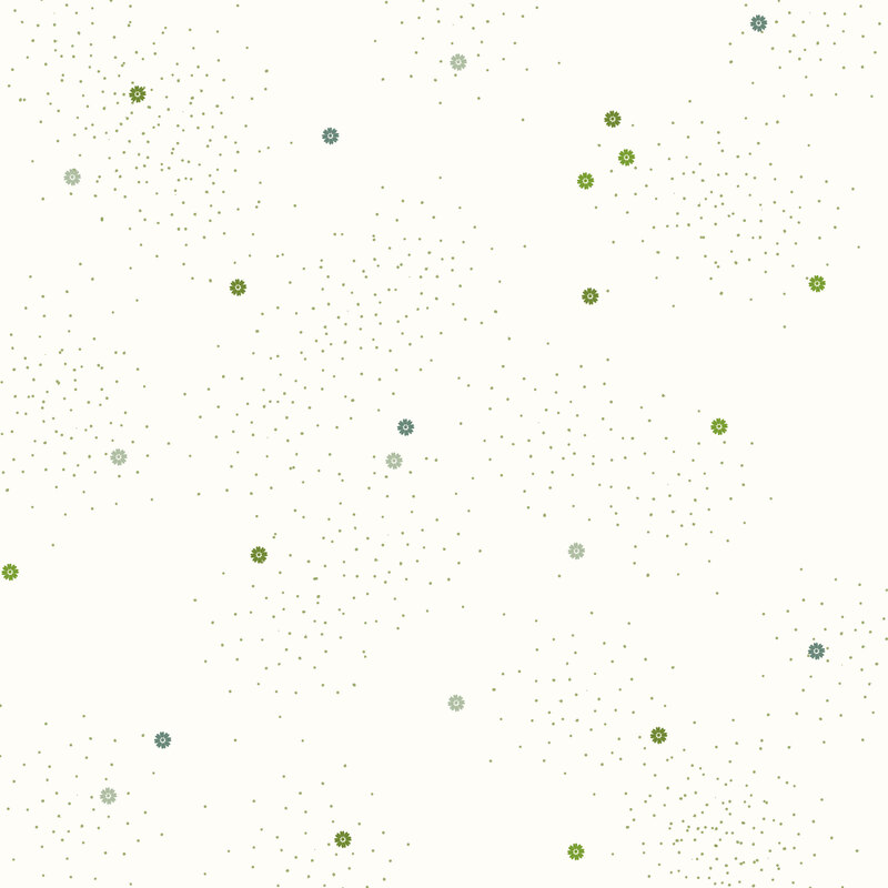 Cream fabric with green and sage daisies and pin dots.